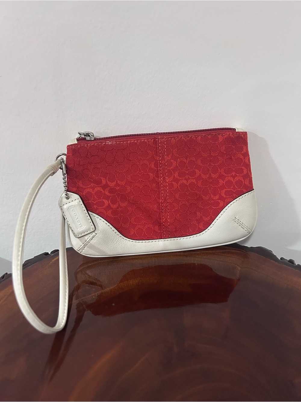 Vintage Coach Red Jacquard Wristlet with White Leather Trim